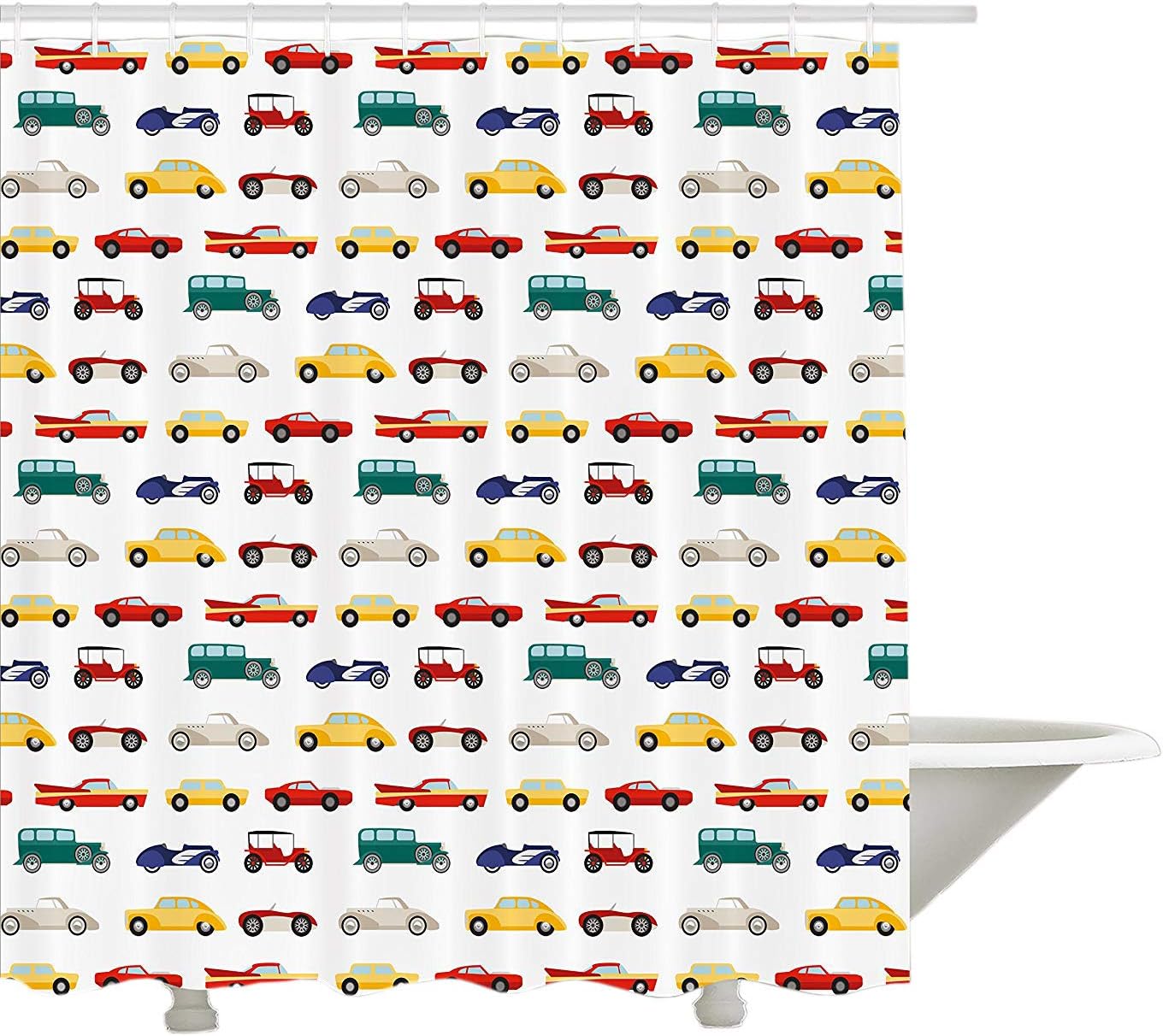 Yeuss Boy's Room Shower Curtain by, Retro Cars Old Fashion Classic Vehicles Transportation Vintage Kids Baby Design, Fabric Bathroom Decor Set with Hooks, Multicolor 60"x72"