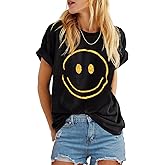 ReachMe Womens Summer Cute Smile Face T-Shirts Trendy Vintage Graphic Tops Casual Loose Short Sleeve Tee Shirts