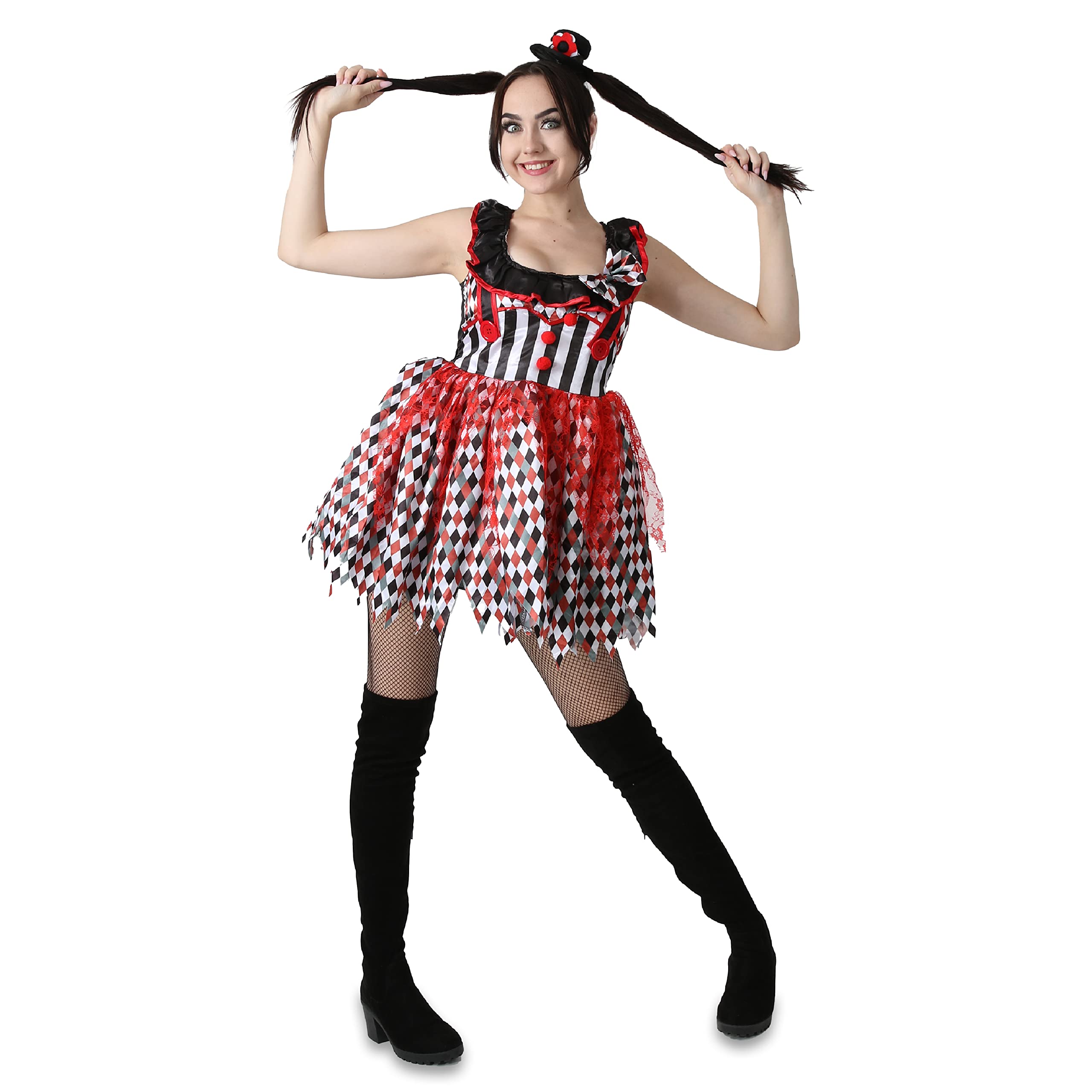 Ladies Halloween Clown Fancy Dress Costume - X-Large - Scary Evil Killer Clown Fancy Dress Outfit With Stripe & Harlequin Print and Miniature Fascinator Hat on Headband