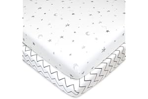 American Baby Company 2 Pack 100% Natural Cotton Fitted Pack and Play Sheets 39" x 27" - Soft & Breathable Pack N Play Sheets for Playard & Mini Crib Mattress, Grey Stars/Zigzag, for Boys & Girls