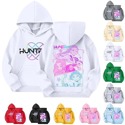 Kpop Costume Kids Huntrix Hoodies Girls Vintage Y2k Pullover Huntrix Huntr/X Hip Hop Streetwear Oversized Fashion Hooded Sweatshirts Long Sleeve Tops for Kids Cartoon Pink Hoodie Back to School