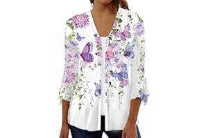 YUTANRAL Womens Summer Tops Floral Printed Lightweight Cardigan Casual Loose 3/4 Sleeve Tops Plus Size Kimonos Cover Ups