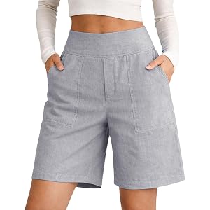 Gumipy Womens Linen Shorts Elastic Waist Knee Length Bermuda Shorts with Pockets Lightweight Casual Lounge Beach Short Pants