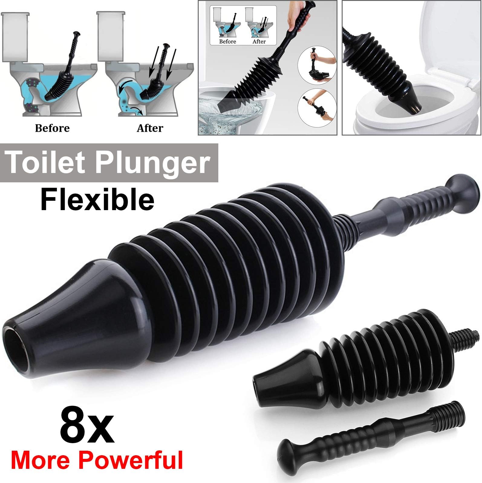 Safekom Toilet Plunger 8X Heavy Duty Powerful Durable Large Drain Buster Cleans Clog Remover Unblocks Kitchen Bathroom Sink Waste Pipe Drain Blocked Flexible Plastic Air Hole 62cm Long Clean Storage