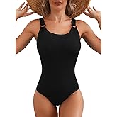 Herseas Women's One Piece Swimsuit Solid Ribbed Padded O Ring Wide Straps Scoop Neck Summer Tummy Control Bathing Suit