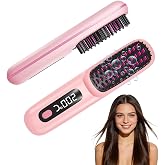 Go Brush Pro for Short Hair 2026, Portable Straightener Brushs for Travel, with LCD Temperature Display, Fast Heating Cordless Mini Hair Brushs(Pink)