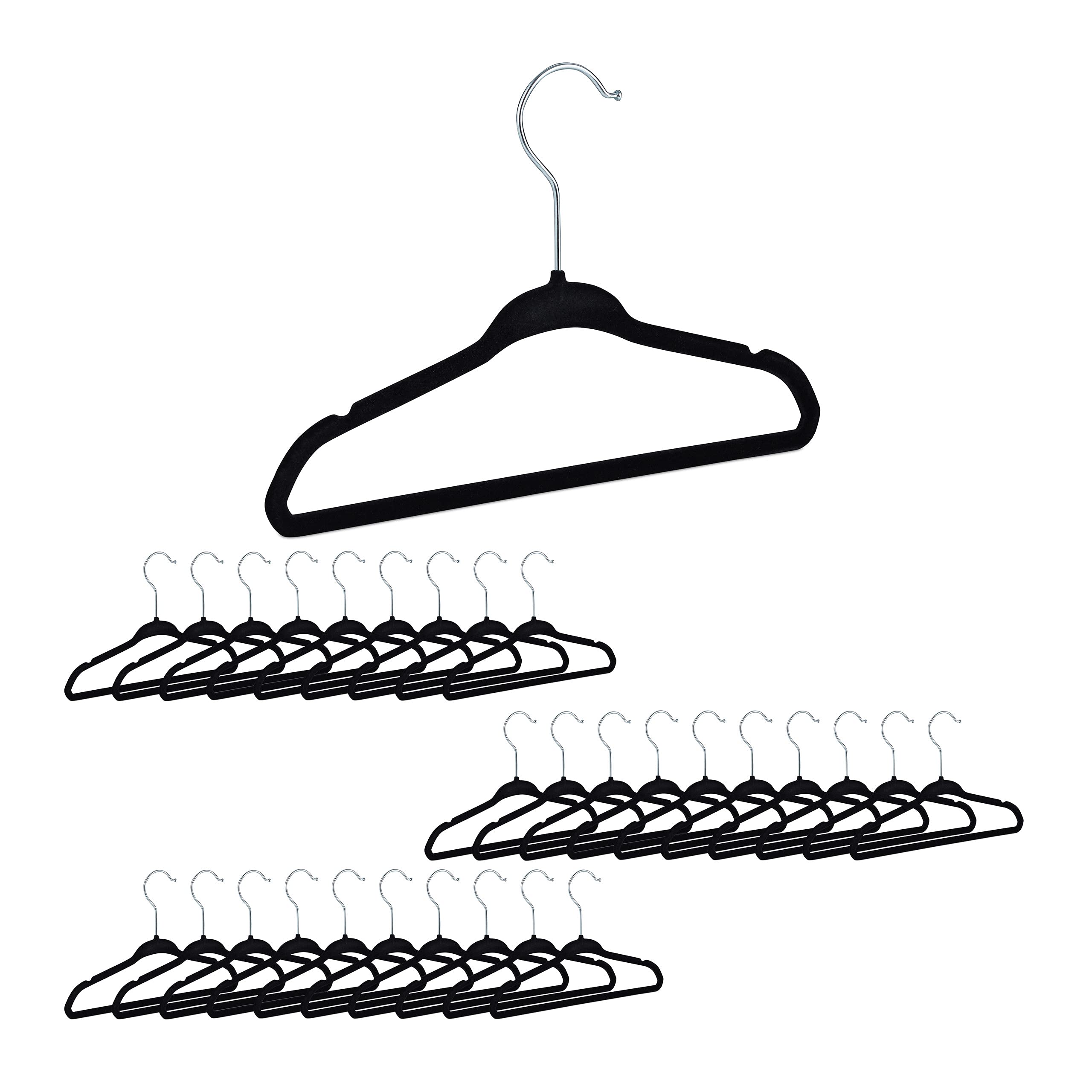 Relaxdays Velvet Coat Hangers Pack of 30, Non-Slip Clothes Hangers, Boys & Girls, Swivel Hook, Pants Rail, Black