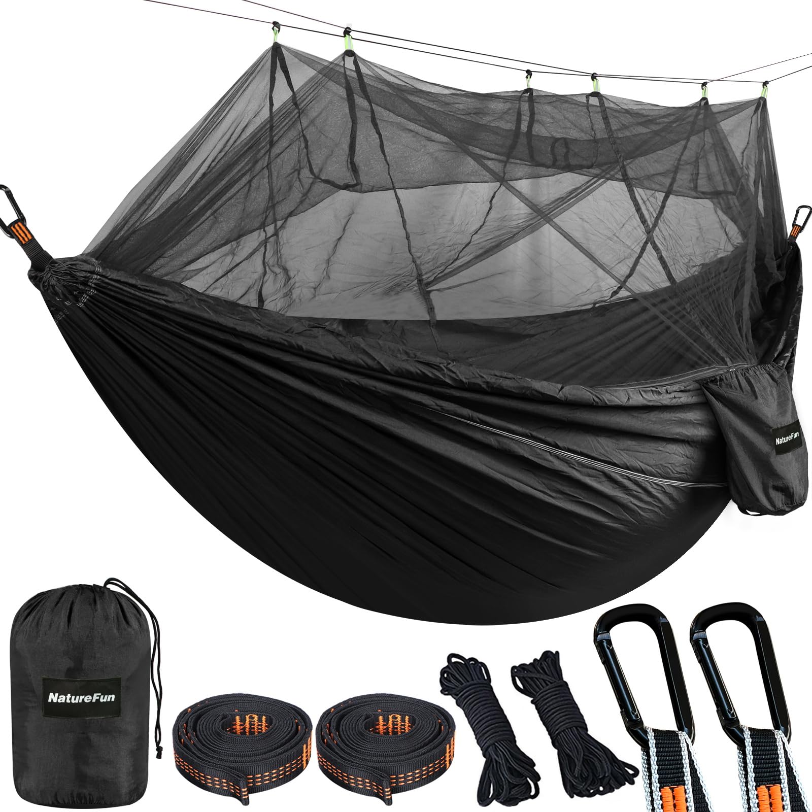 NATUREFUN Camping Hammock with Bug Net | 300kg Load Capacity,(300 x 200 cm) Breathable,Quick-drying Parachute Nylon Travel Hammock | 2 x Premium Carabiners,4 x Slings Included | Outdoor Indoor Garden