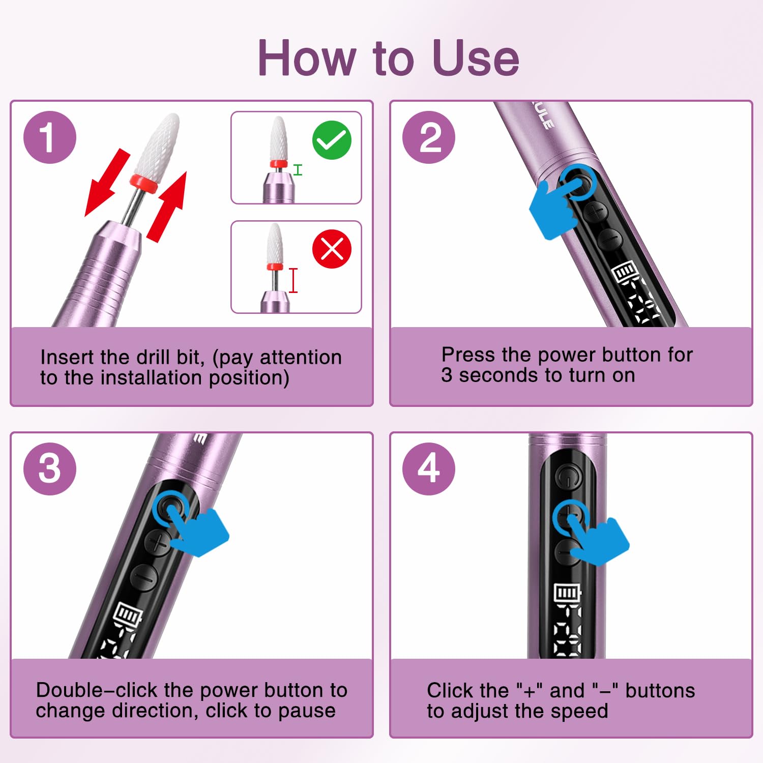 Electric Cordless Nail Drill File: LED Display Professional Portable Nail Drill for Acrylic Gel Dip Powder Nails Manicure Pedicure Kit Tool with Nail Drill Bits Sanding Bands, Purple - Image 6