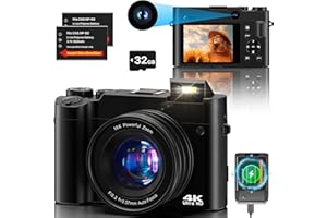 NINIVISION 4K Digital Camera, 64MP Dual Cameras for Photography Autofocus Anti-Shake, Video Vlogging Camera for YouTube, Compact Travel Camera with 32GB SD Card, 16X Digital Zoom, Flashlight, 2 Batteries+Charger