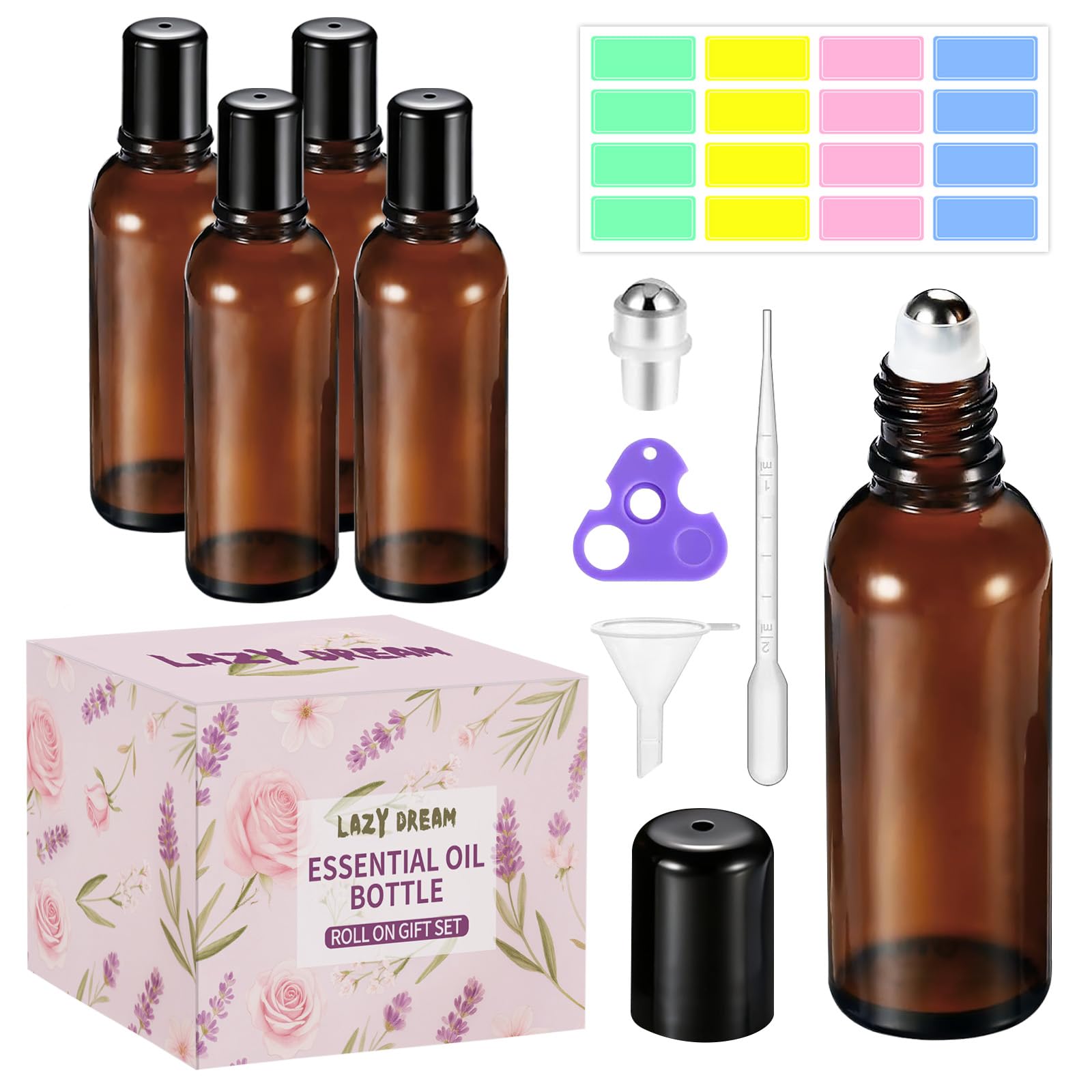 Photo 1 of 10ML Roller Bottles for Essential Oil, 4 Pack Empty Amber Glass Roller Bottle for Perfume Oil, Roll on Bottles with Stainless Steel Roller Balls, Opener, Funnel and Dropper for Aromatherapy, Massage