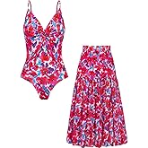 GRACE KARIN Women's One Piece Swimsuits with Cover Up Skirt Tummy Control V Neck Bathing Suits