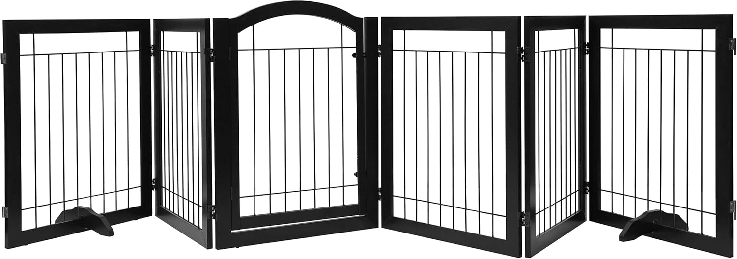 PAWLAND 144-inch Extra Wide 30-inches Tall Dog gate with Door Walk Through, Freestanding Wire Pet Gate for The House, Doorway, Stairs, Pet Puppy Safety Fence, Support Feet Included, Espresso,6 Panels: Baby