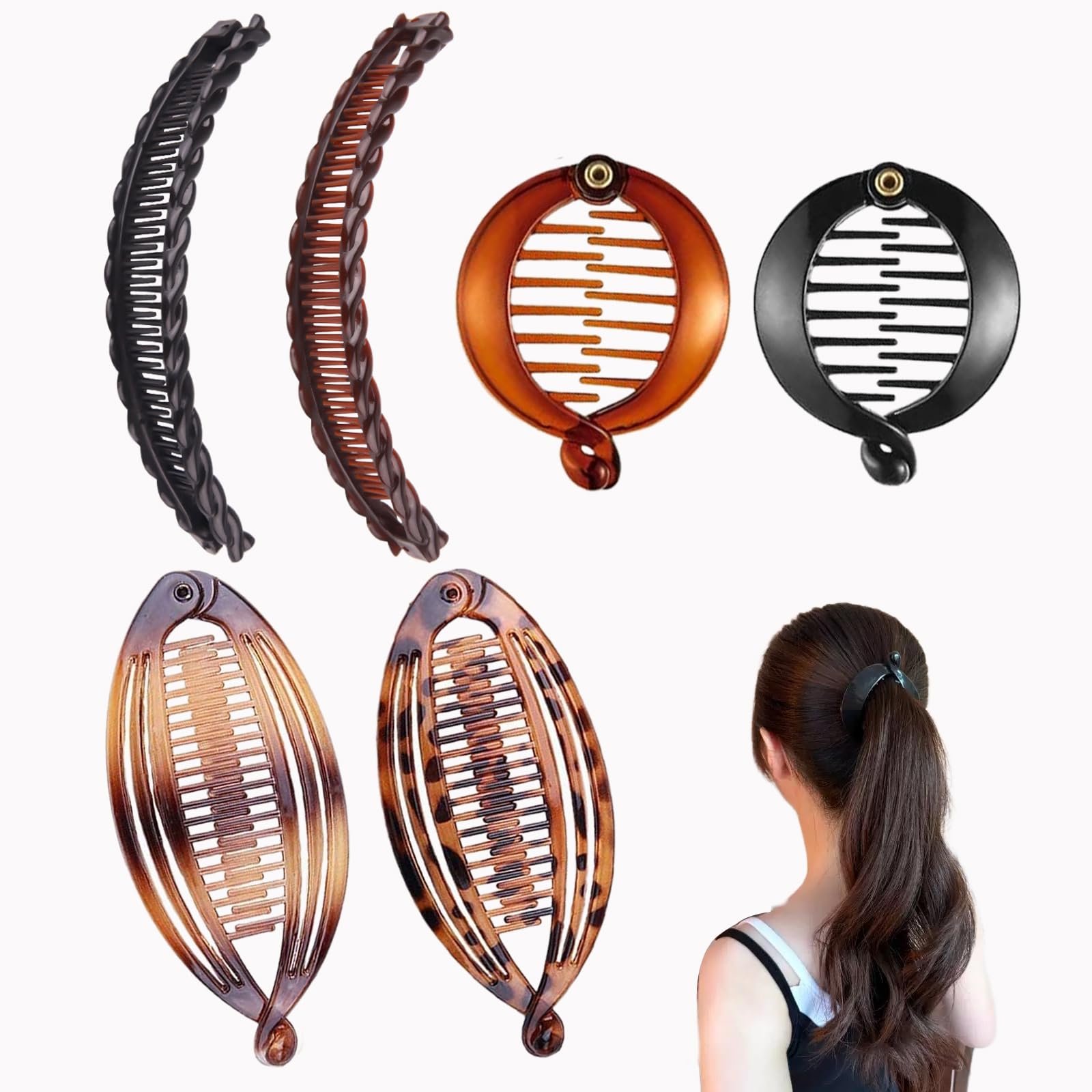 Ycfish Banana Hair Clips (6 Pcs) - Women's Retro Claw Hair Clip - Black Solid - Polypropylene - Suitable for All Hair Types