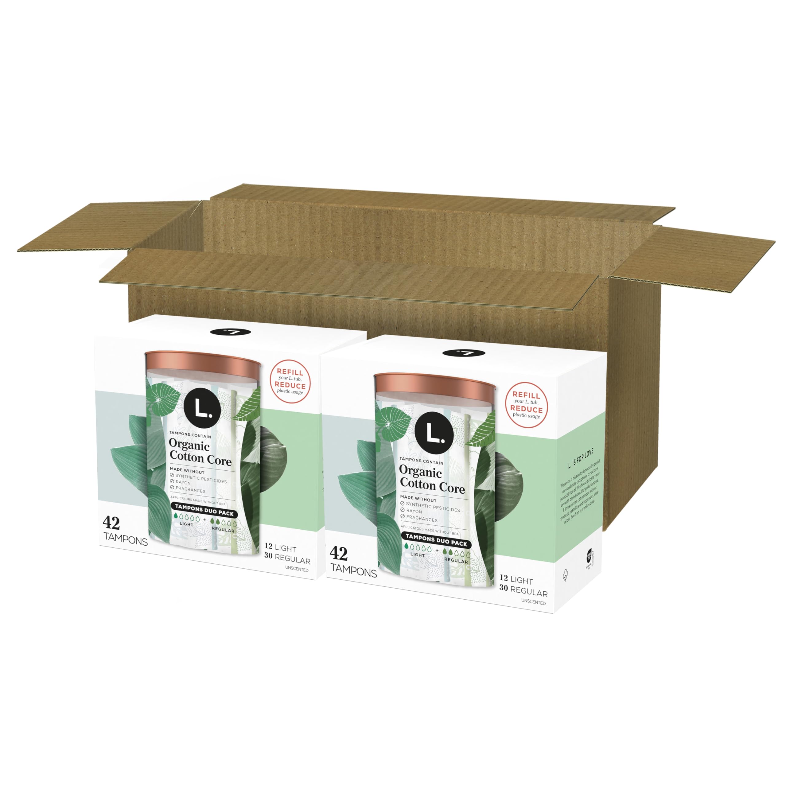 L. Cotton Tampons Light/Regular Absorbency Multipack, Contains an Organic Cotton Core, Made Without Synthetic Pesticides, or Fragrances, 84 Count (2 Packs of 42)