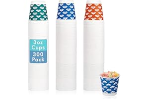 JollyPack 300 Pack 3 oz Disposable Bathroom Paper Cups, Small Mouthwash Cups in Orange, Blue, and Green, Great for Candy, Biscuits, Bathroom Use, Parties, Picnics, and Travel