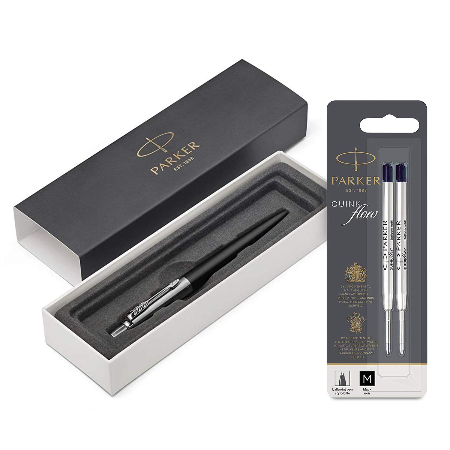 Parker Jotter Bond Street Black CT Ballpoint Pen, Gift Box with Quinkflow Ball Pen Refill Medium Nib Black, Pack of 2