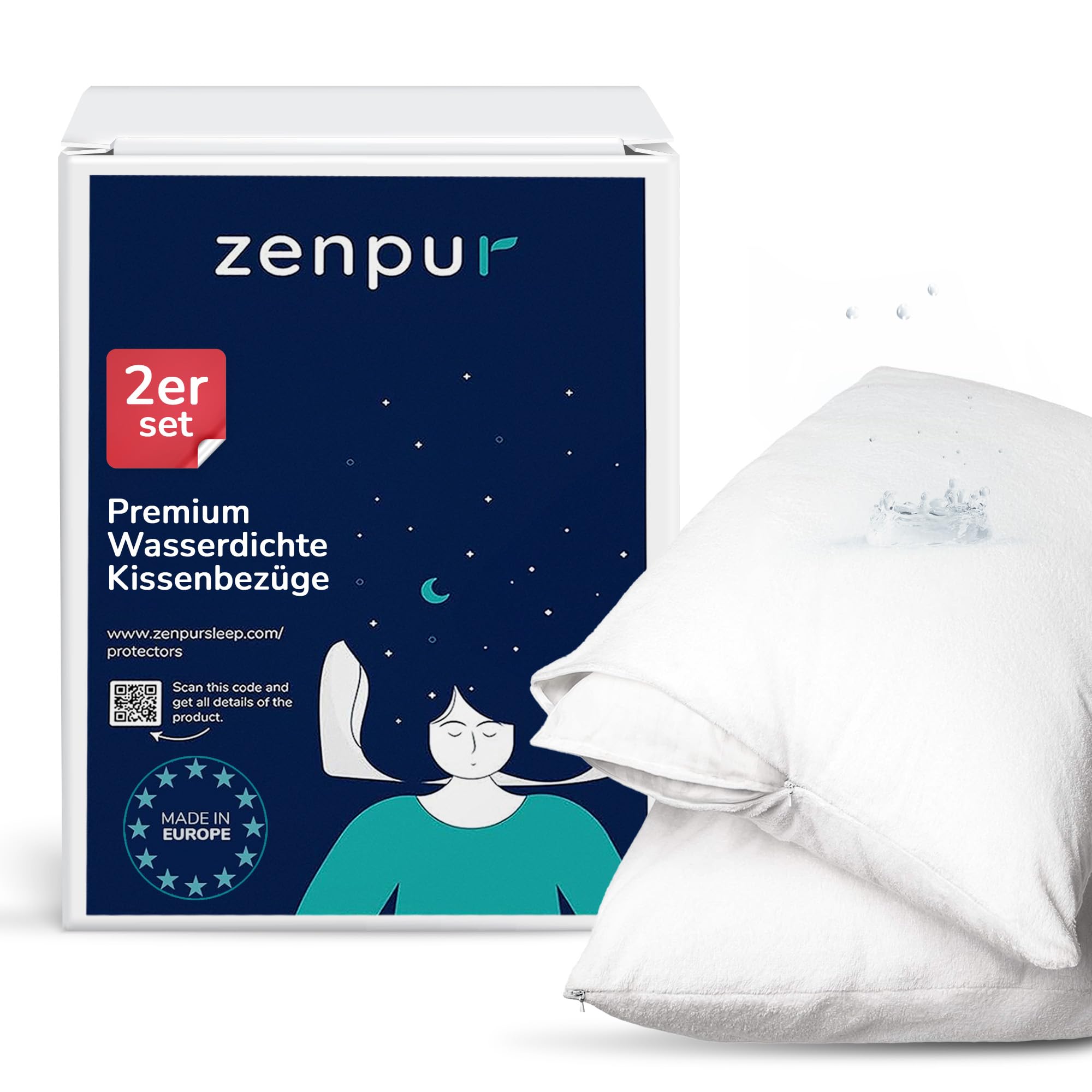 ZenPur Pillow Protectors 2 Pack 100% Waterproof - Zippered Pillow Cases 50x70cm - Breathable, Hypoallergenic, Anti-mite, Antibacterial - BI-OME treated Pillowcase - Made in EU