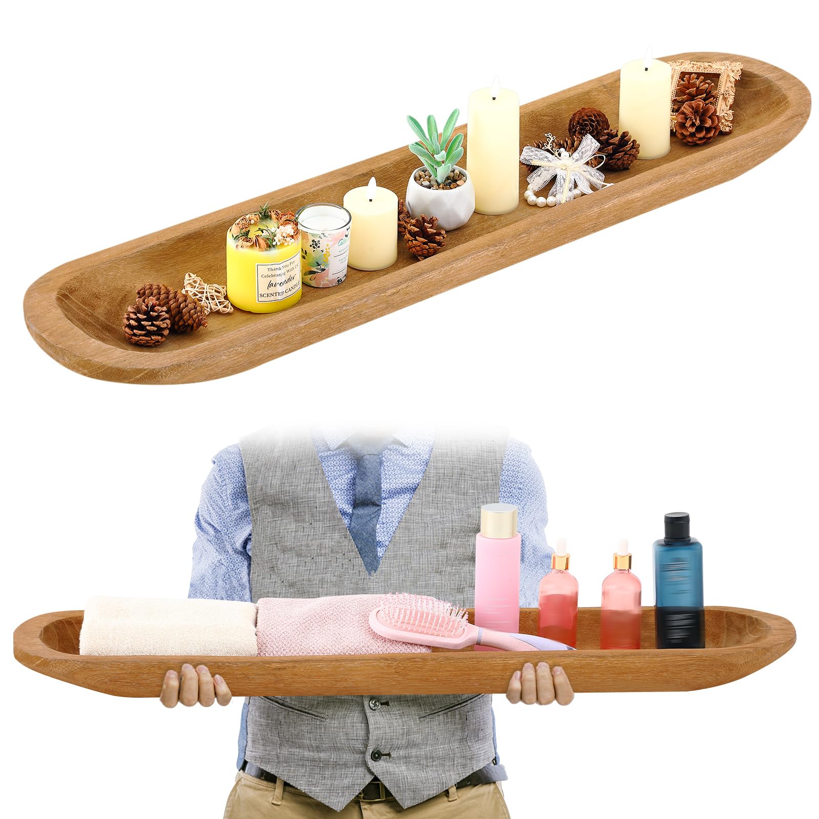 Photo 1 of Wooden Dough Bowl Decoration Vintage Hand Carved Rustic 30 Inch Long Wood Bread Dough Bowl for Candle Making Key Living Room Home Dining Room Kitchen Decoration