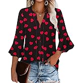 Roshop Elegant Valentines Blouse Women's Dressy V Neck Ruffle Sleeve Cute Hearts Blouses Tops