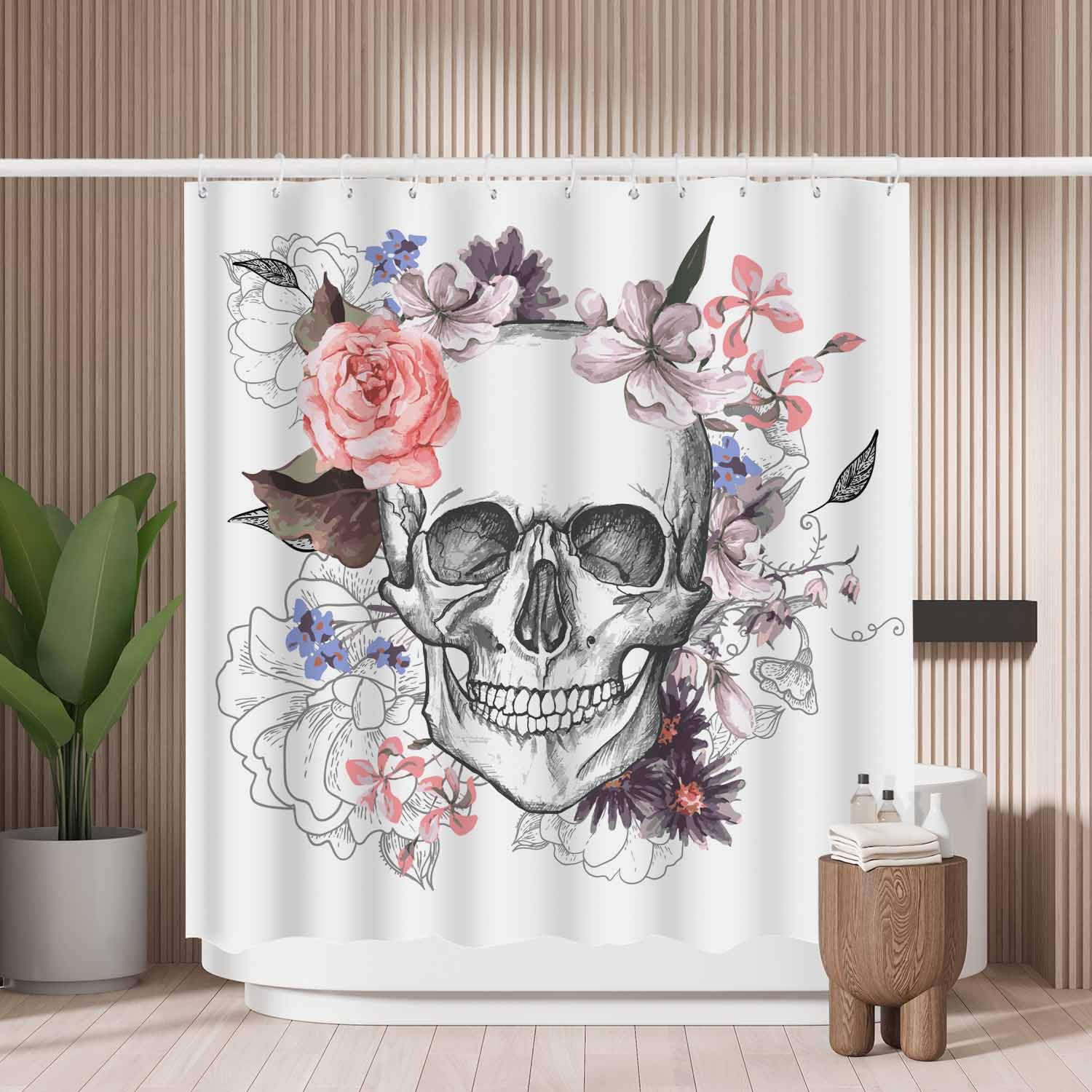 Woutay Shower Curtain Mould Proof Resistant Skull and Flower,Water Repellant Fabric,Polyester,with 12 Plastic Hooks
