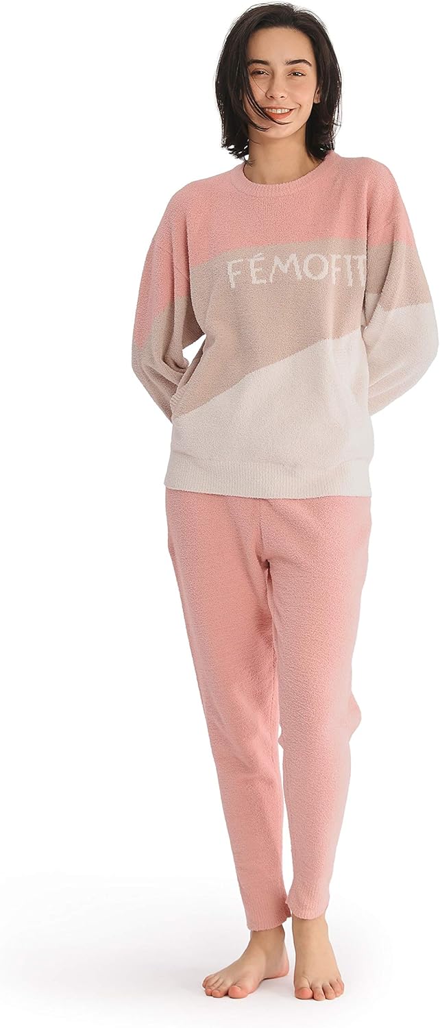 Femofit Plush Fleece Pajamas Set for Women Long Sleeve Sleepwear Ladies