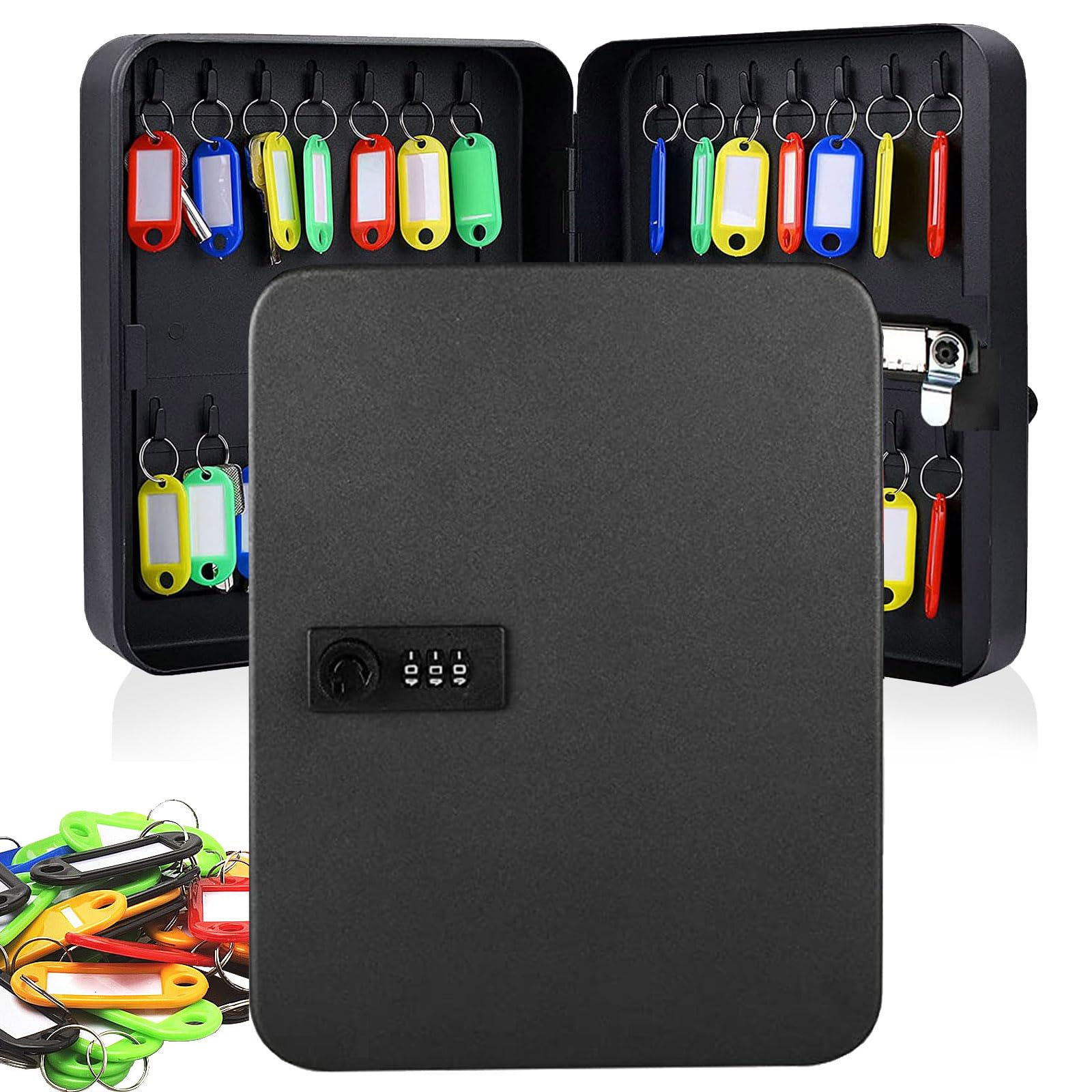 Key Safe Box 28 Key Steel Cabinet Wall Mounted Key Safe Storage Organiserfor Outdoor, Combination Security Lock Box with 30 Key Tags, Keysafe Box for Indoor Outside Property Garage, Black