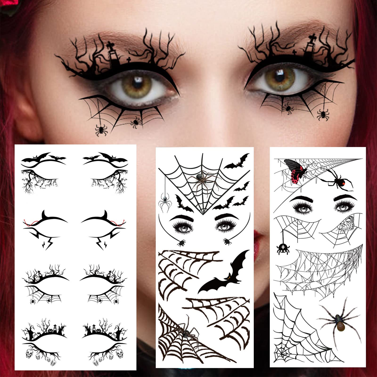 Photo 1 of 4 Pairs Halloween Eye Shadow Stickers Eyeliner Decals Spider Web Skull Bat Temporary Tattoo Stickers Face eye Makeup Stickers for Women Girls Halloween Masquerade Party.