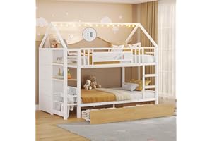DICTAC Bunk Bed Twin Over Twin with Storage Drawers and Globe String Lights House Shaped Low Bunk Bed with Montessori Bookshelves Metal bunk Beds for Kids with Ladder and Guardrail,Space Saving,White