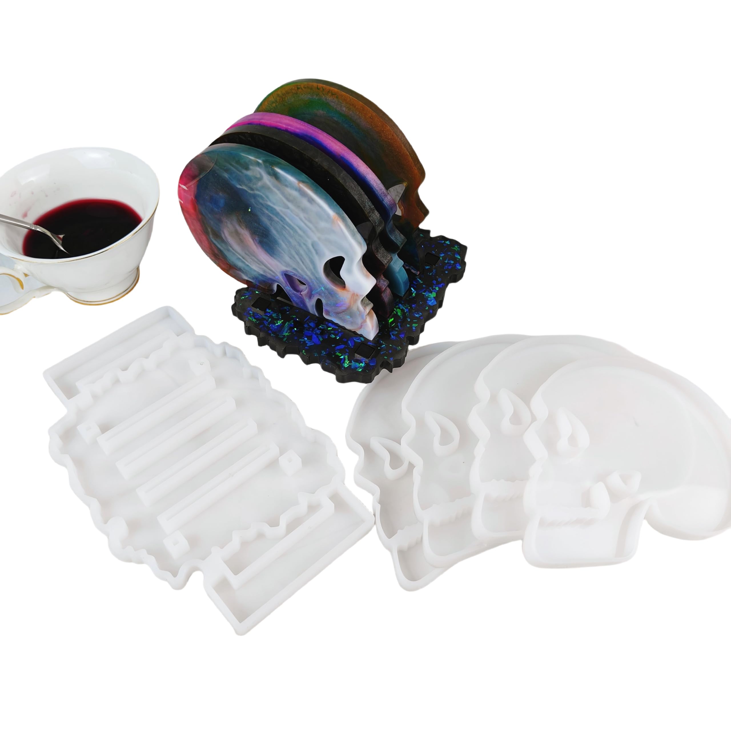 Photo 1 of Skull Coaster Silicone Mold Set, 5.5x4.5 Inch Resin Casting Molds with Stand, Gothic Bar Drink Coasters DIY Kit