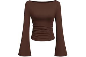PRETTYGARDEN Women's Long Sleeve Shirt 2026 Spring Crop Going Out Tops Casual Boat Neck Bell Sleeve Ribbed Ruched Y2K Clothes