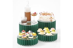 HeiMma 4 Pack Buffet Risers, Foldable Food Display Risers with Acrylic Disc, Dessert Table Display Set, Cardboard Paper Cupcake Cake Stand for Party Cylinder Stands for Parties Drink Collectibles Jewelry Figures, Multi-height, Green