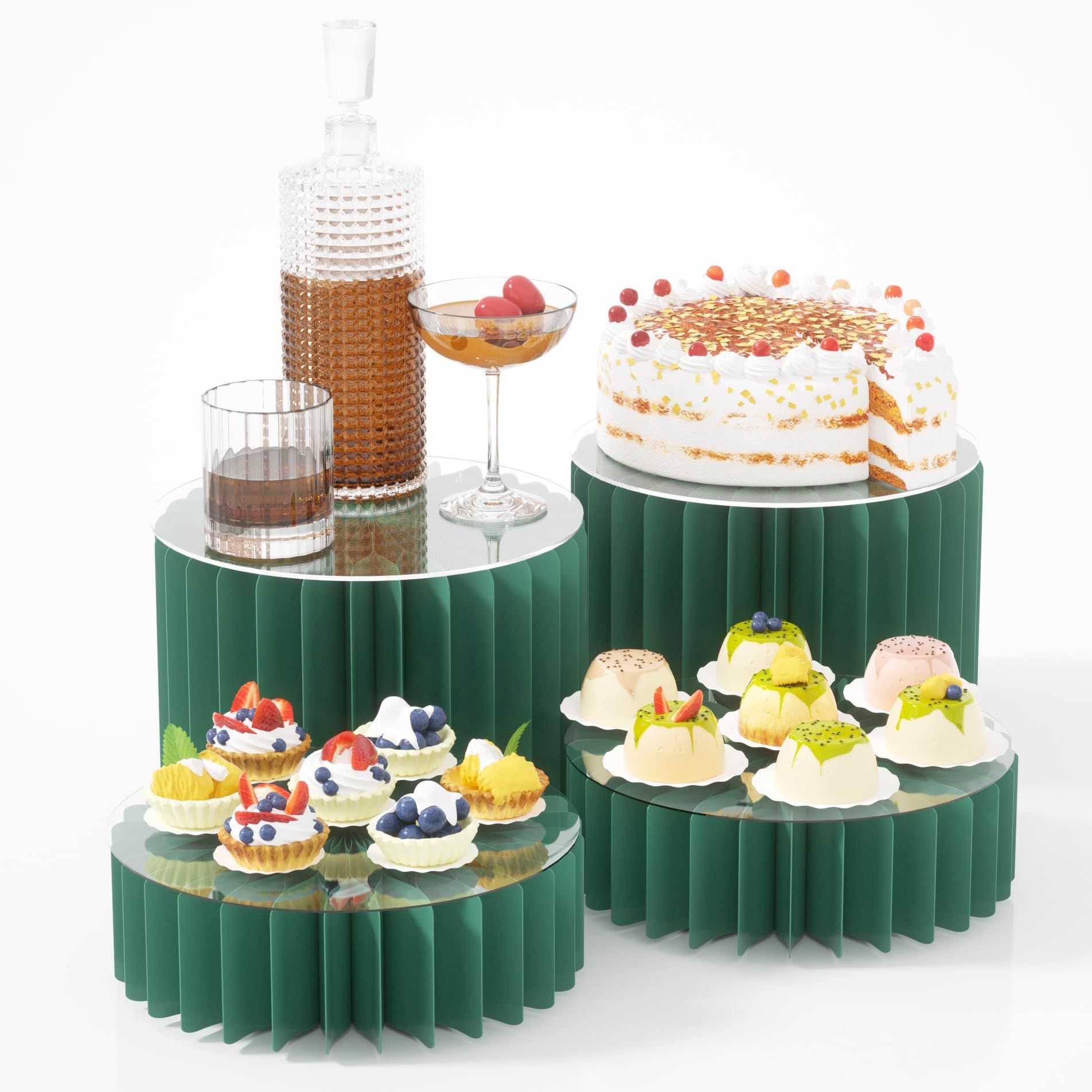 Photo 1 of HeiMma 4 Pack Buffet Risers, Foldable Food Display Risers with Acrylic Disc, Dessert Table Display Set, Cardboard Paper Cupcake Cake Stand for Party Cylinder Stands for Parties Drink Collectibles Jewelry Figures?Green