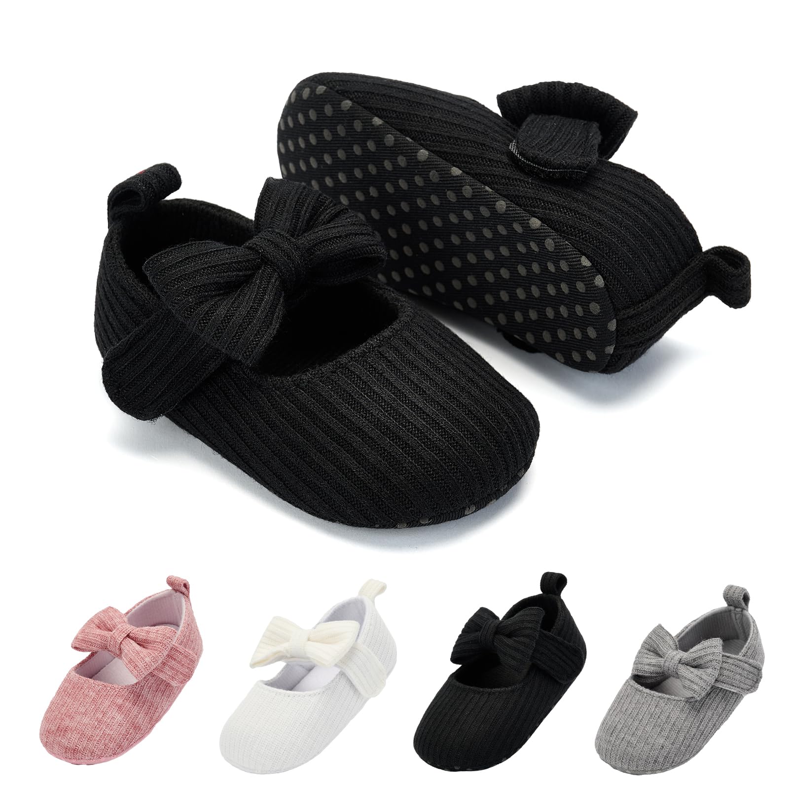 BACSAC Baby Girls Mary Jane Flats with Bow Soft Sole Non-Slip Crib Shoes Infant Toddler First Walkers Princess Dress Shoes