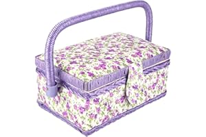 BEUFEE Sewing Basket, Vintage Sewing Tool Organizer Box Sewing Supplies Organizer for Storing Needles Thread, Sewing Basket with Handle & Removable Tray, Flower Pattern,Purple