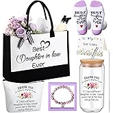 Pickmesh 7 Pack Christmas Daughter-in-law Gift, Xmas Thank You Gift for Best Daughter in Law Ever, Canvas Tote Bag, Makeup Bag, 16 oz Glass Cup, Socks, Greeting Card Natural Stone Bracelet with Box