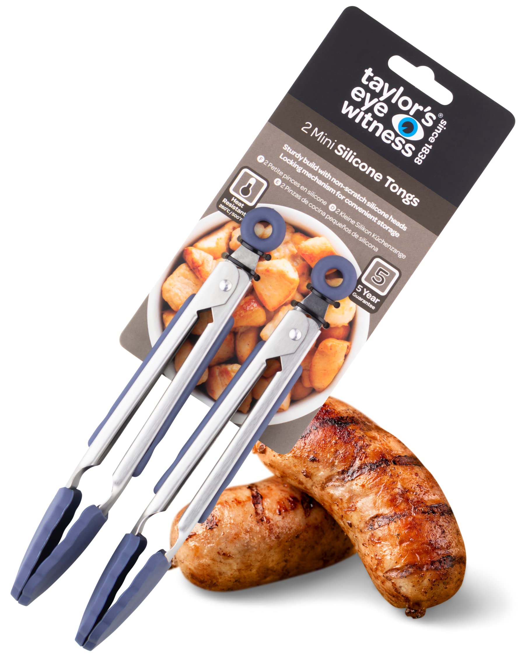 Taylors Eye Witness 2 Small Steel Blue Silicone Tongs - Dishwasher Safe. Sturdy Build, Non-Scratch Heads, Convenient Locking Mechanism. Odour, Stain & Heat Resistant (260°C/500°F). 5 Year Guarantee