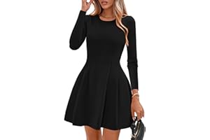 PRETTYGARDEN Long Sleeve Mini Dress for Women 2025 Fall Crewneck Knit Pleated Babydoll A Line Soft Casual Short Party Dresses