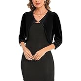 MINTLIMIT Women Velvet Shrug Bolero Open Front 3/4 Ruched Sleeve Evening Dressy Cropped Cardigans with Hook and Eye