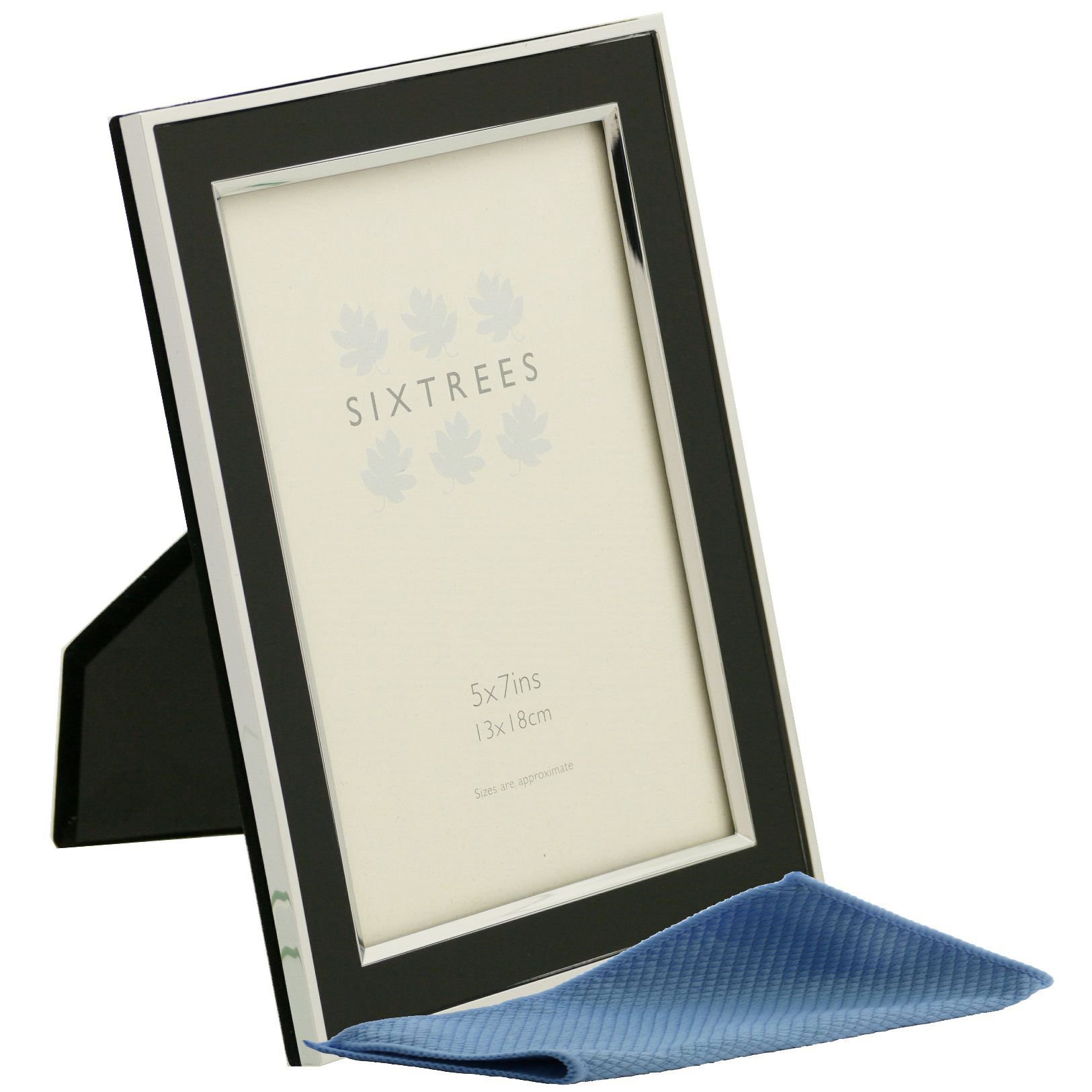 Sixtrees Abbey Black 2-101-57 Polished Silver photo frame with lacquered Black gloss metal insert for a 7 x 5 inch photo. Complete with our microfibre polishing cloth.