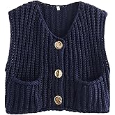 Bozanly Womens Chunky Knit Sweater Vest Cute Button Down Sleeveless Crop Crochet Cardigan Vest 2025