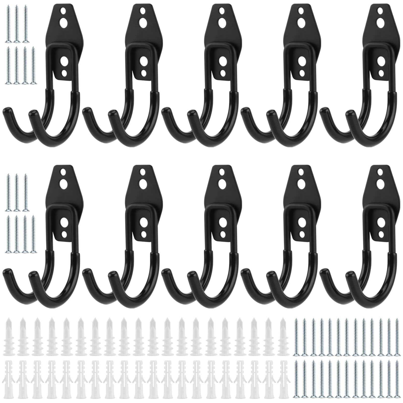 FUNSUEI 10 PCS Heavy Duty Double Garage Storage Hook, Black Garage Tool Storage Utility Hooks with Screw, for Garden Tools, Ladders, Bulky Items