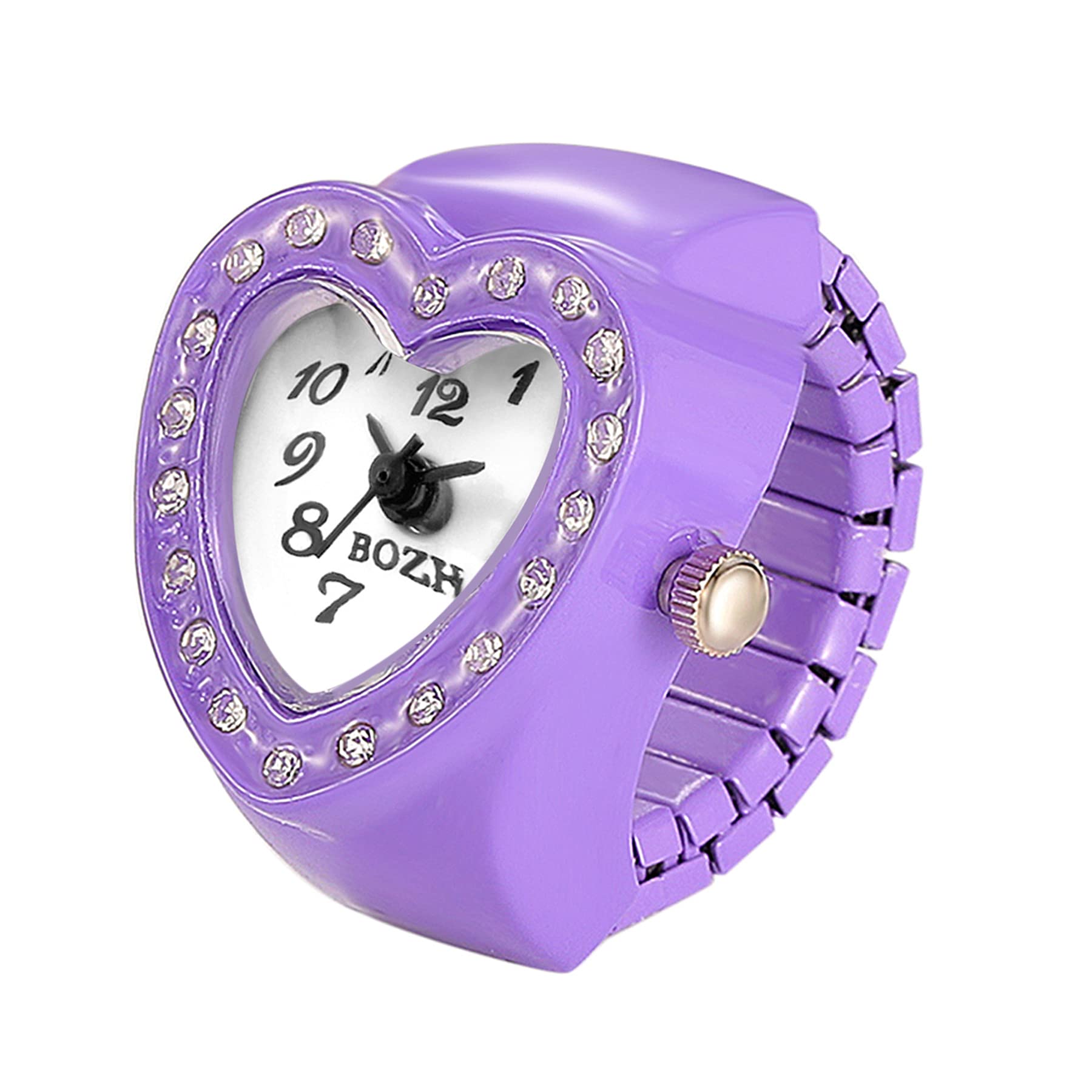 JewelryWe Men Women Finger Watch Heart Shape Rhinestone Quartz Analog Finger Ring Watches, Adjustable Size