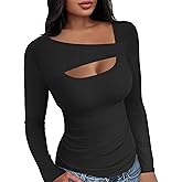 Buauty Womens Ribbed Long Sleeve Shirts Cutout Slim Fit Tee Trendy Sexy Top Fall Fashion 2025 Going Out Tshirts Y2K Clothes