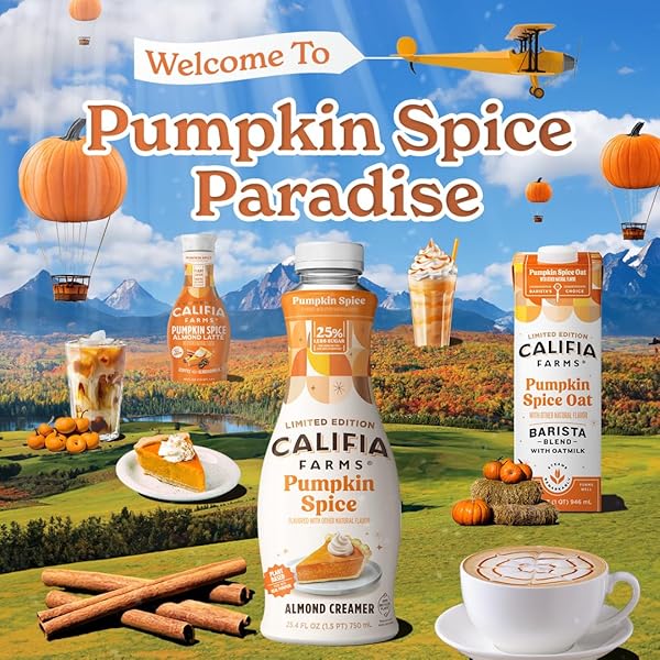 CALIFIA FARMS – PUMPKIN SPICE OAT BARISTA BLEND OAT MILK, 32 OZ, SHELF STABLE, DAIRY FREE, PLANT BASED, VEGAN, GLUTEN FREE, NON GMO, HIGH CALCIUM, MILK FROTHER, CREAMER, OATMILK