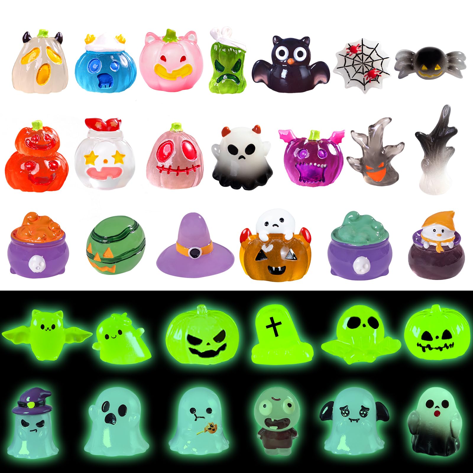 Photo 1 of Puppify 32pcs Halloween Luminous Mini Figures - Glow in The Dark Tiny Resin Miniatures - 32 Styles Pumpkin Ghost Skull for Party Favors, Trick or Treat, Bag Fillers, Dollhouse Decor, Garden Decor