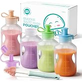 Jelly Ruru Silicone Reusable Baby Food Pouches for Toddlers, 5oz, 4 Pack | Food Grade Silicone Squeeze Pouches, Leakproof And Self Standing, Freezer And Dishwasher Safe Breastmilk Container