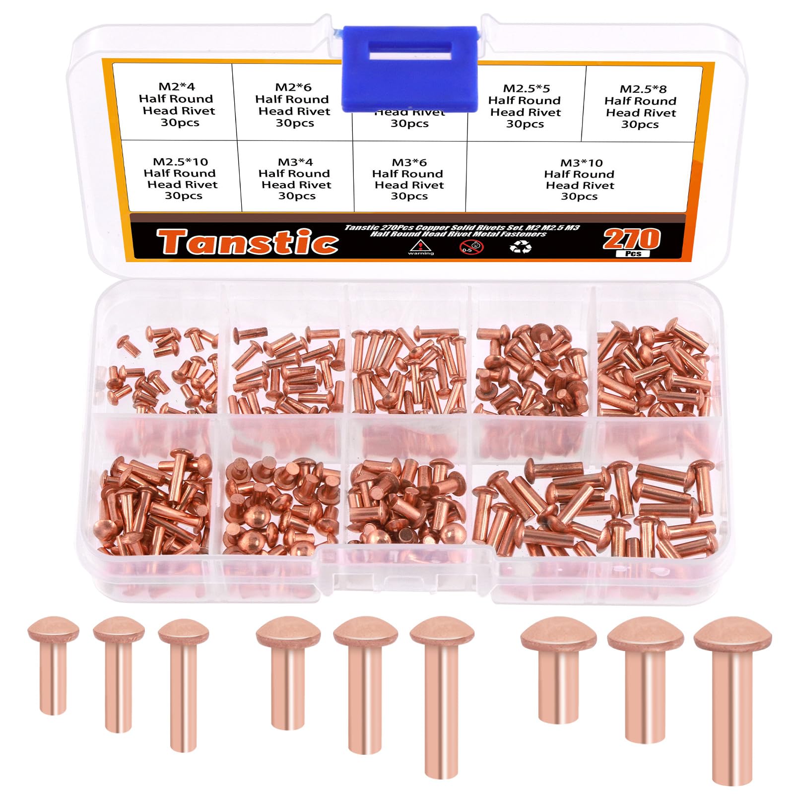 Tanstic 270Pcs Round Head Copper Solid Rivets, M2x4/6/8, M2.5x5/8/10, M3x4/6/10 Solid Copper Rivets Fasteners for Electrical Applications Copper Finish Copper Tone