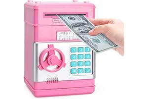 PhilaeEC Piggy Bank for Kids, Electronic Mini ATM with Password Cash Coin Can Auto Scroll Paper Money Saving Box, Birthday Christmas Toy Gift for Girls Boys-Pink