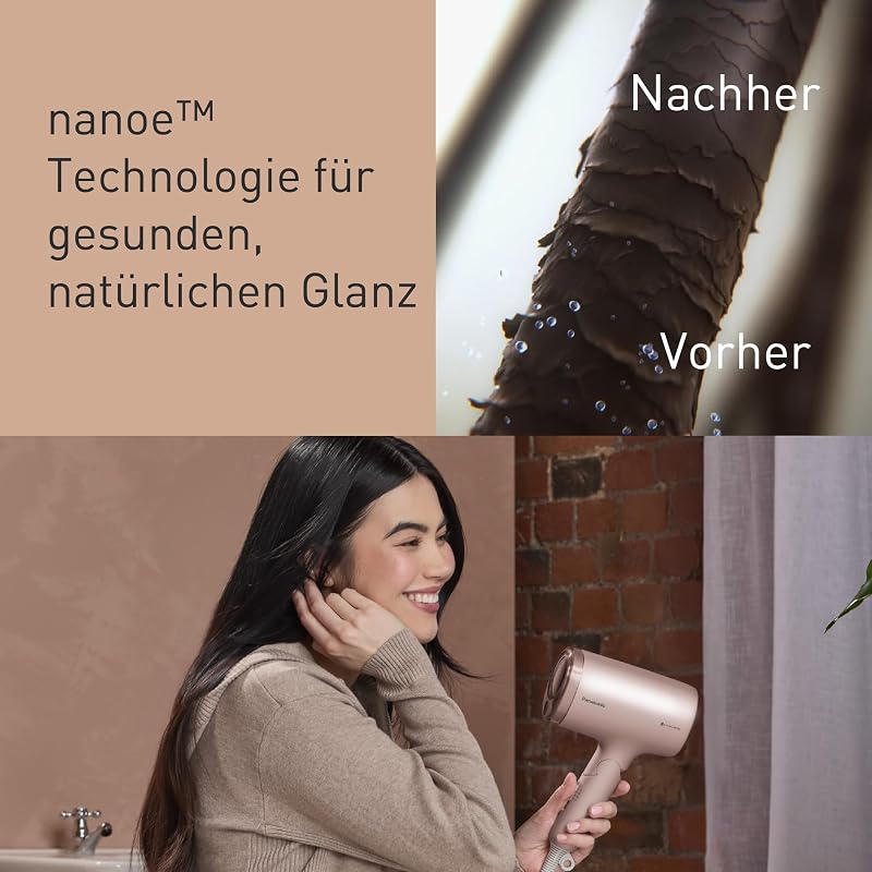 EH-NA7M-P825 nanoe Haartrockner für glänzendes Haar, faltbares Design, Schnelltrocknen, Konzentrator-Aufsatz, 1600 W, Hellrosa